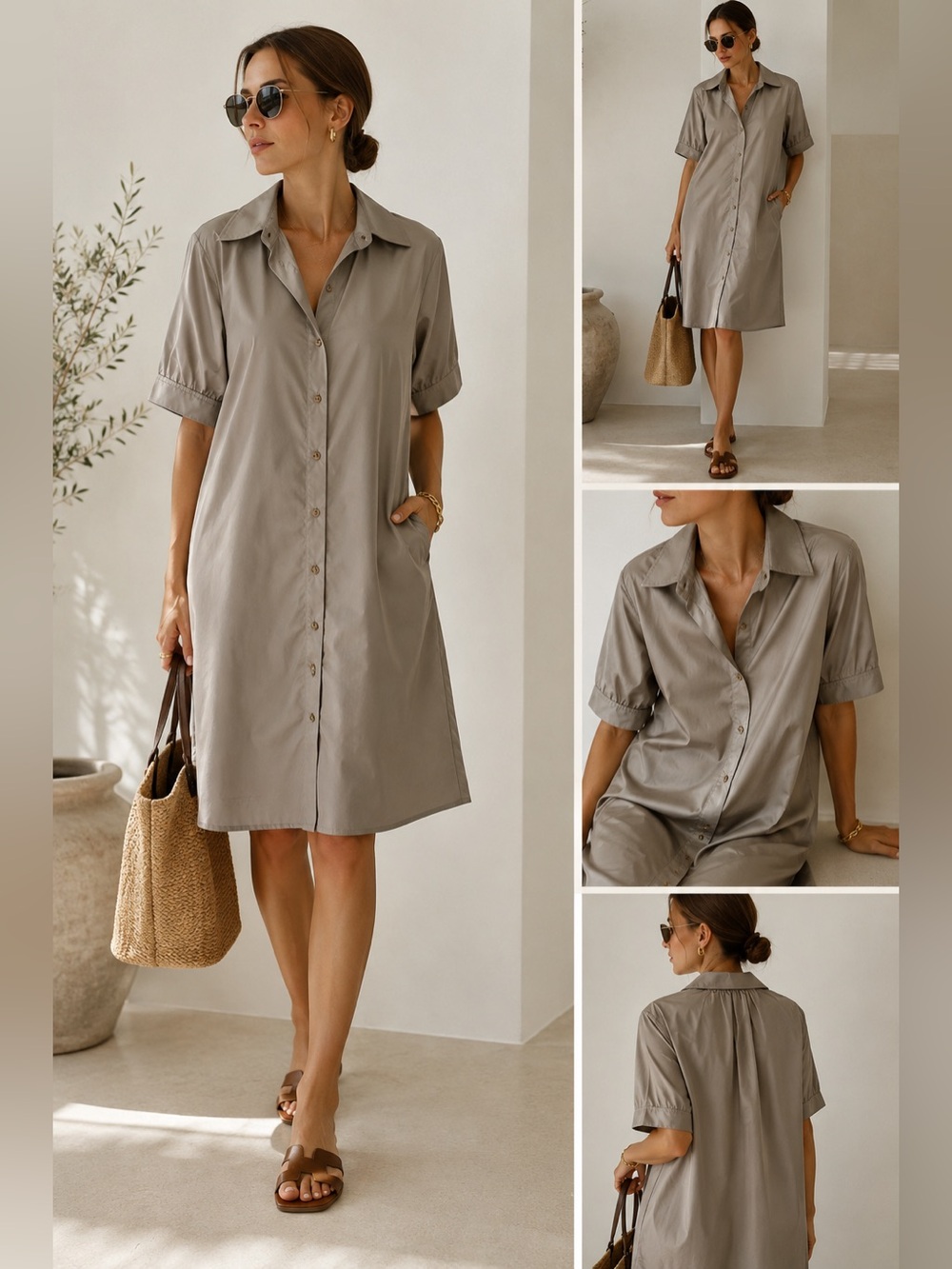 Lafayette 148 NY Taupe Minimalist Shirt Dress Cocoon Sleeve Quiet Luxury M flaw